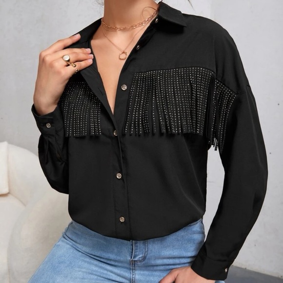 Tops - Boho western chic glam button up rhinestone fringe shirt black